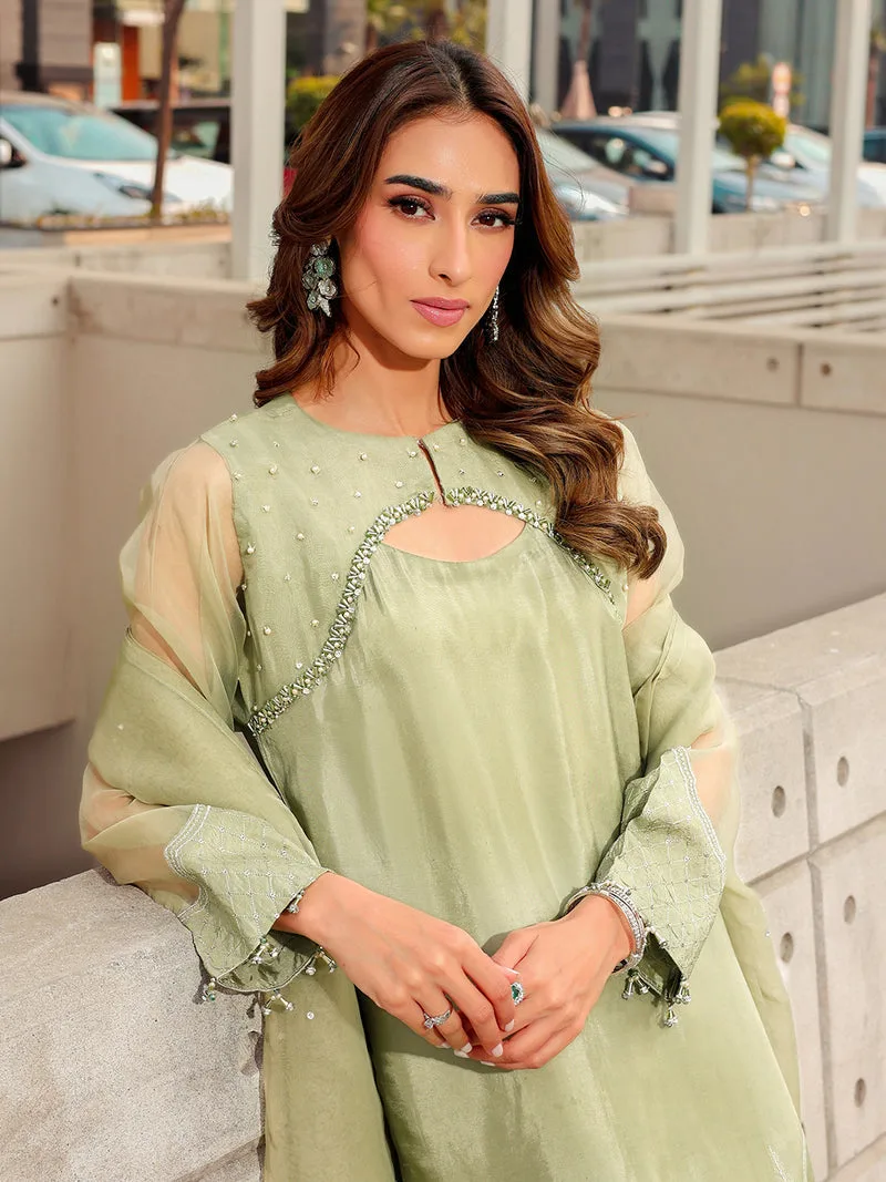 mint green long shirt with organza and silk detailing – view 8 – Poshaq