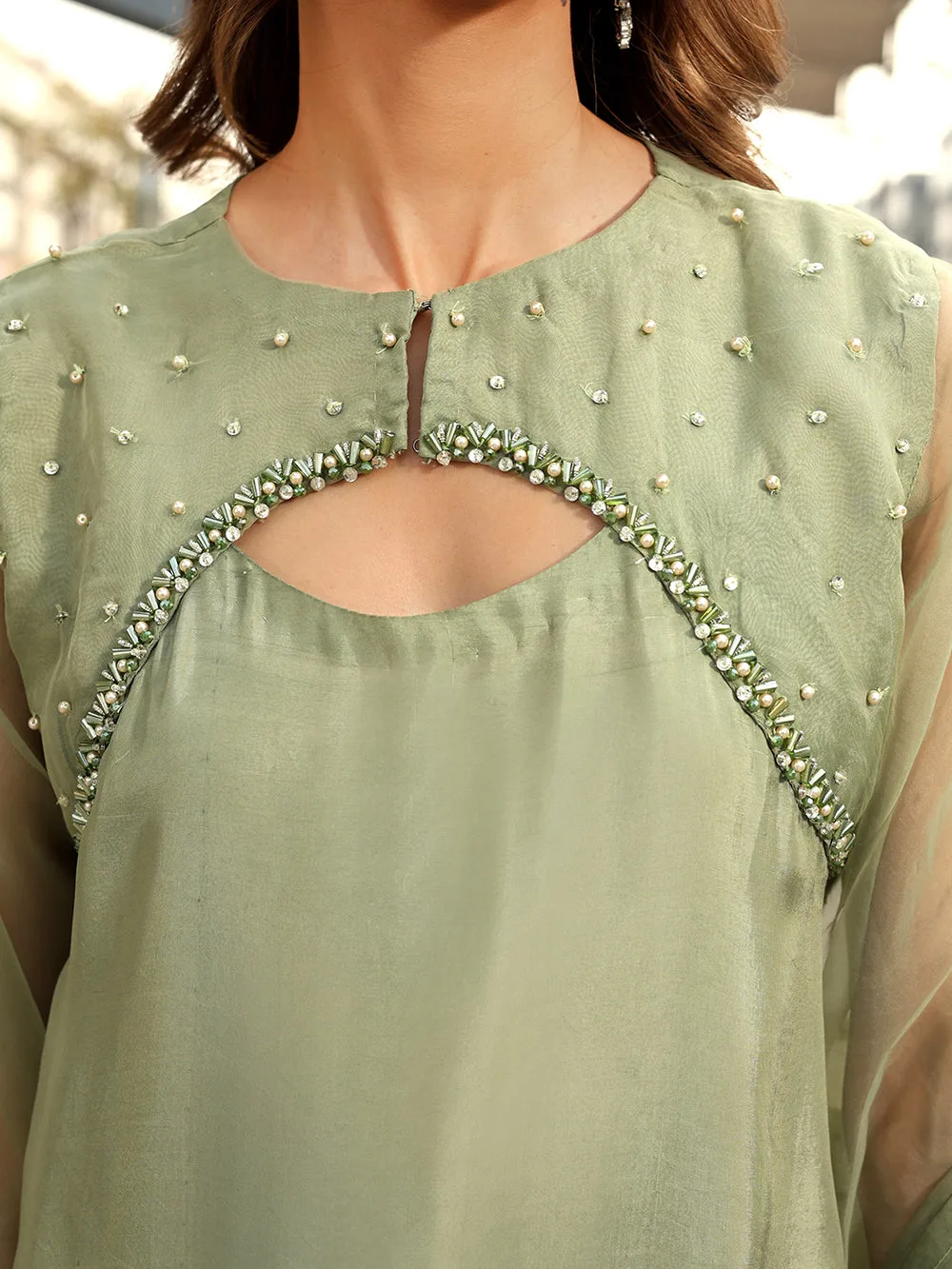 mint green long shirt with organza and silk detailing – view 9 – Poshaq