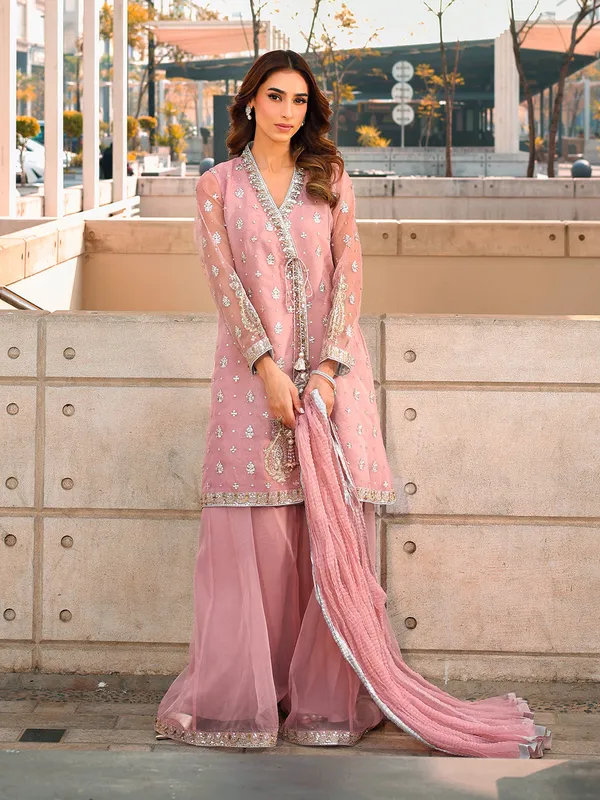 Pink organza formal set with embroidered shirt, dupatta and shararah – view 1 – Poshaq