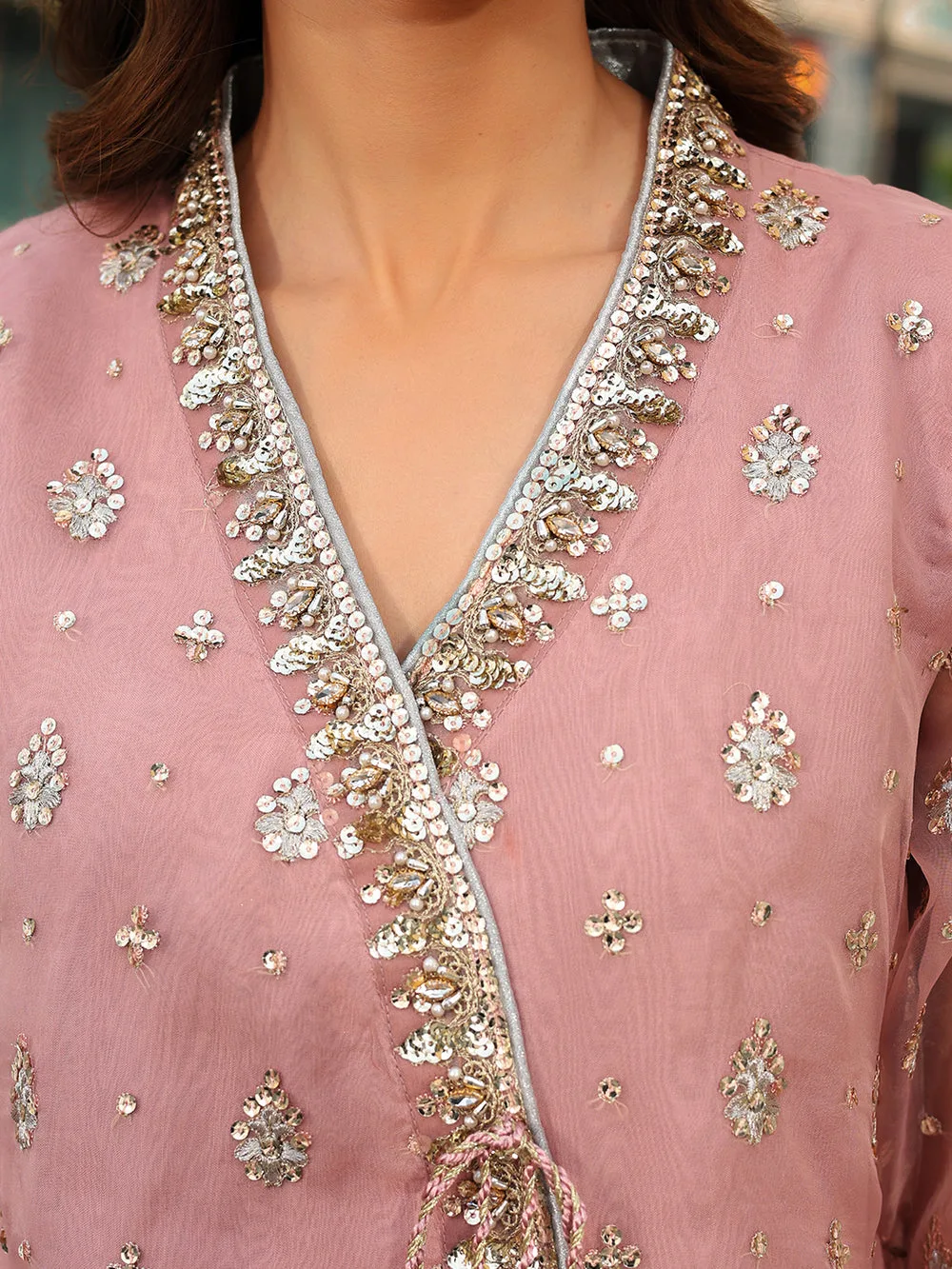 Pink organza formal set with embroidered shirt, dupatta and shararah – view 10 – Poshaq