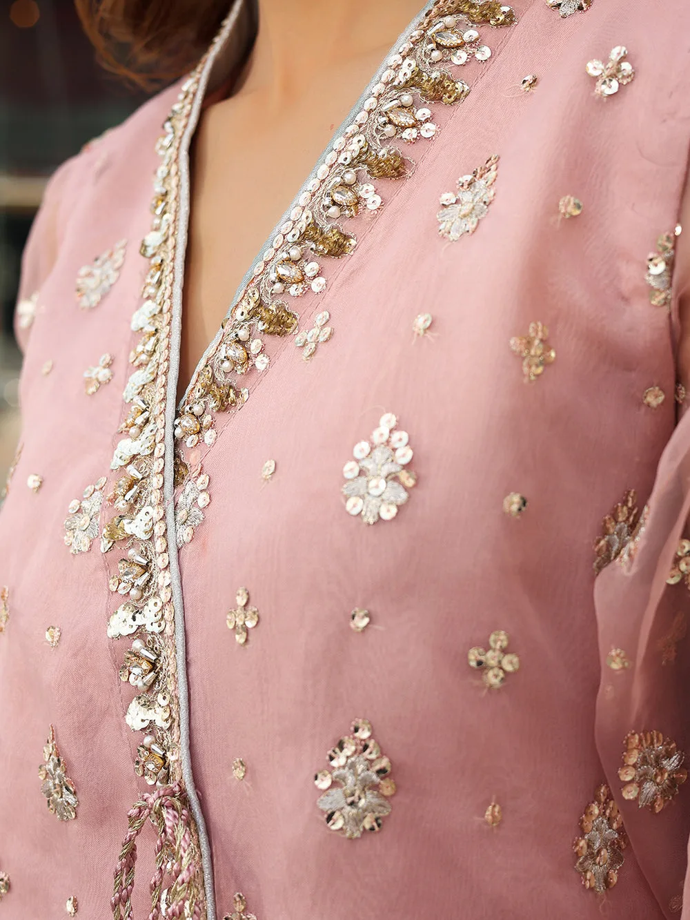 Pink organza formal set with embroidered shirt, dupatta and shararah – view 11 – Poshaq