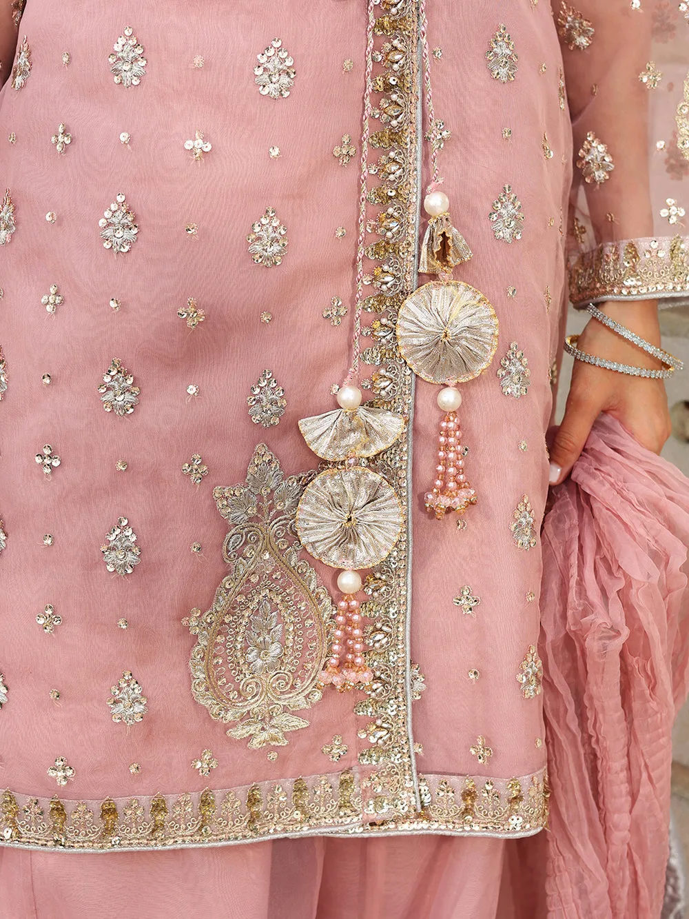 Pink organza formal set with embroidered shirt, dupatta and shararah – view 12 – Poshaq