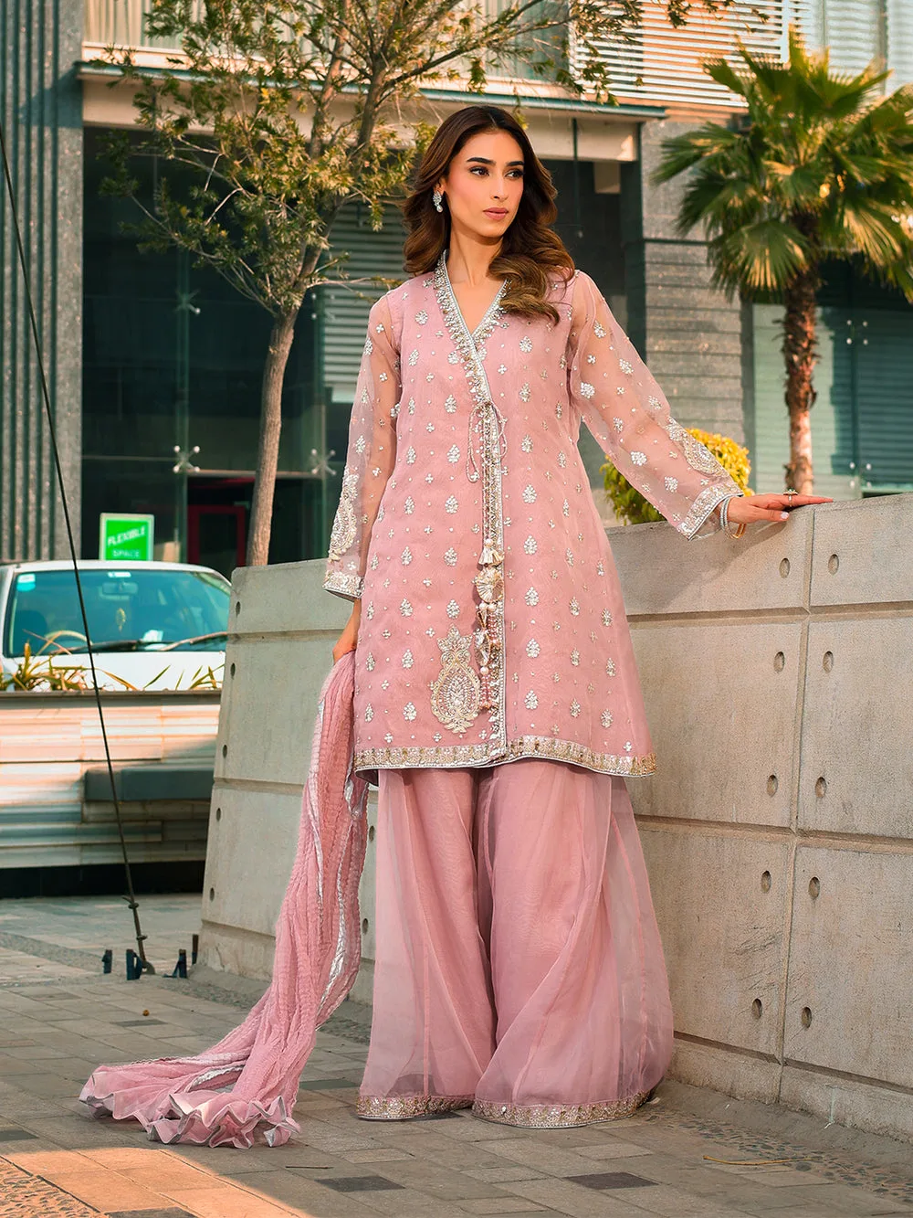 Pink organza formal set with embroidered shirt, dupatta and shararah – view 13 – Poshaq