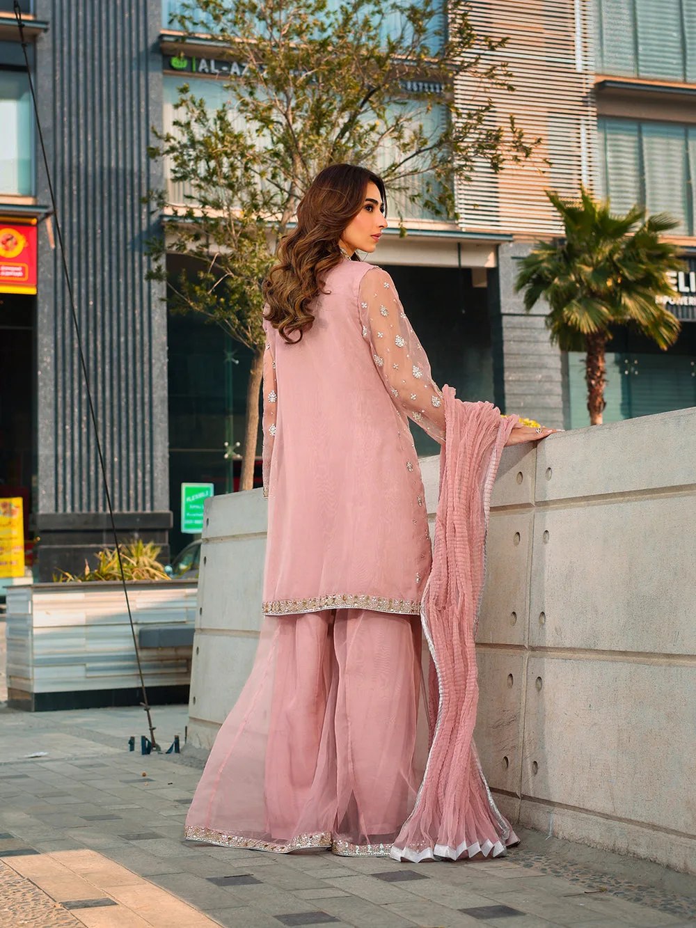 Pink organza formal set with embroidered shirt, dupatta and shararah – view 2 – Poshaq