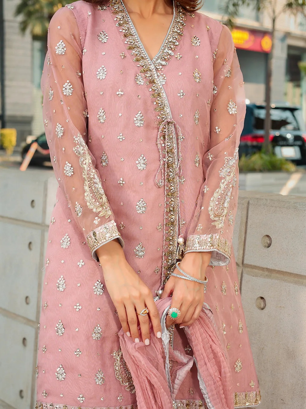 Pink organza formal set with embroidered shirt, dupatta and shararah – view 3 – Poshaq