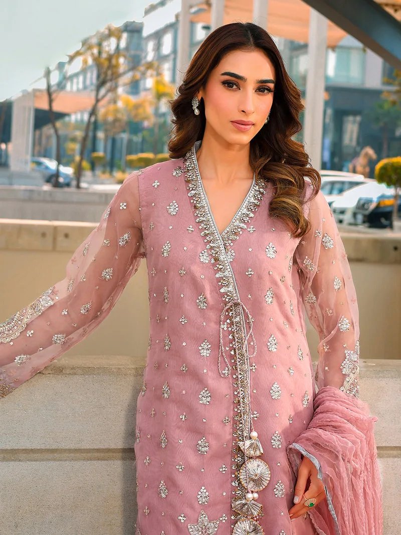 Pink organza formal set with embroidered shirt, dupatta and shararah – view 4 – Poshaq