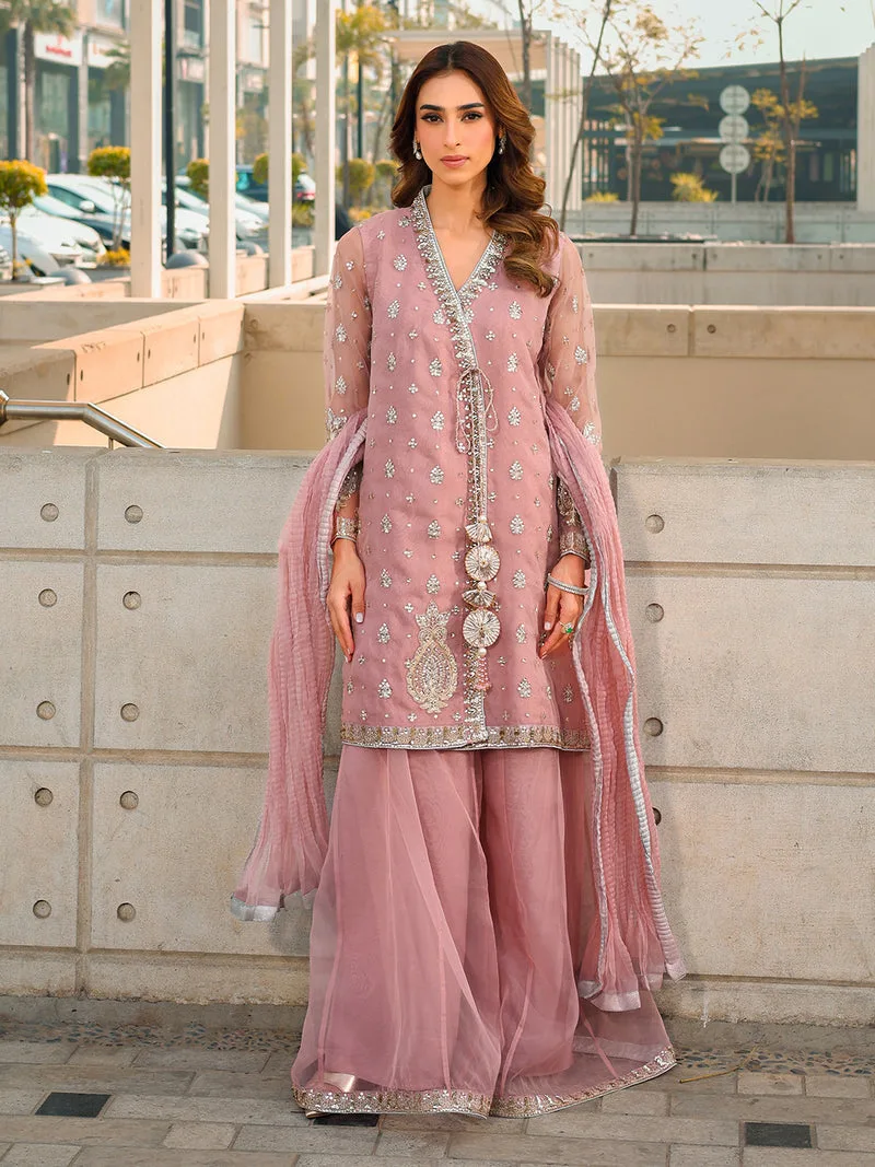 Pink organza formal set with embroidered shirt, dupatta and shararah – view 6 – Poshaq