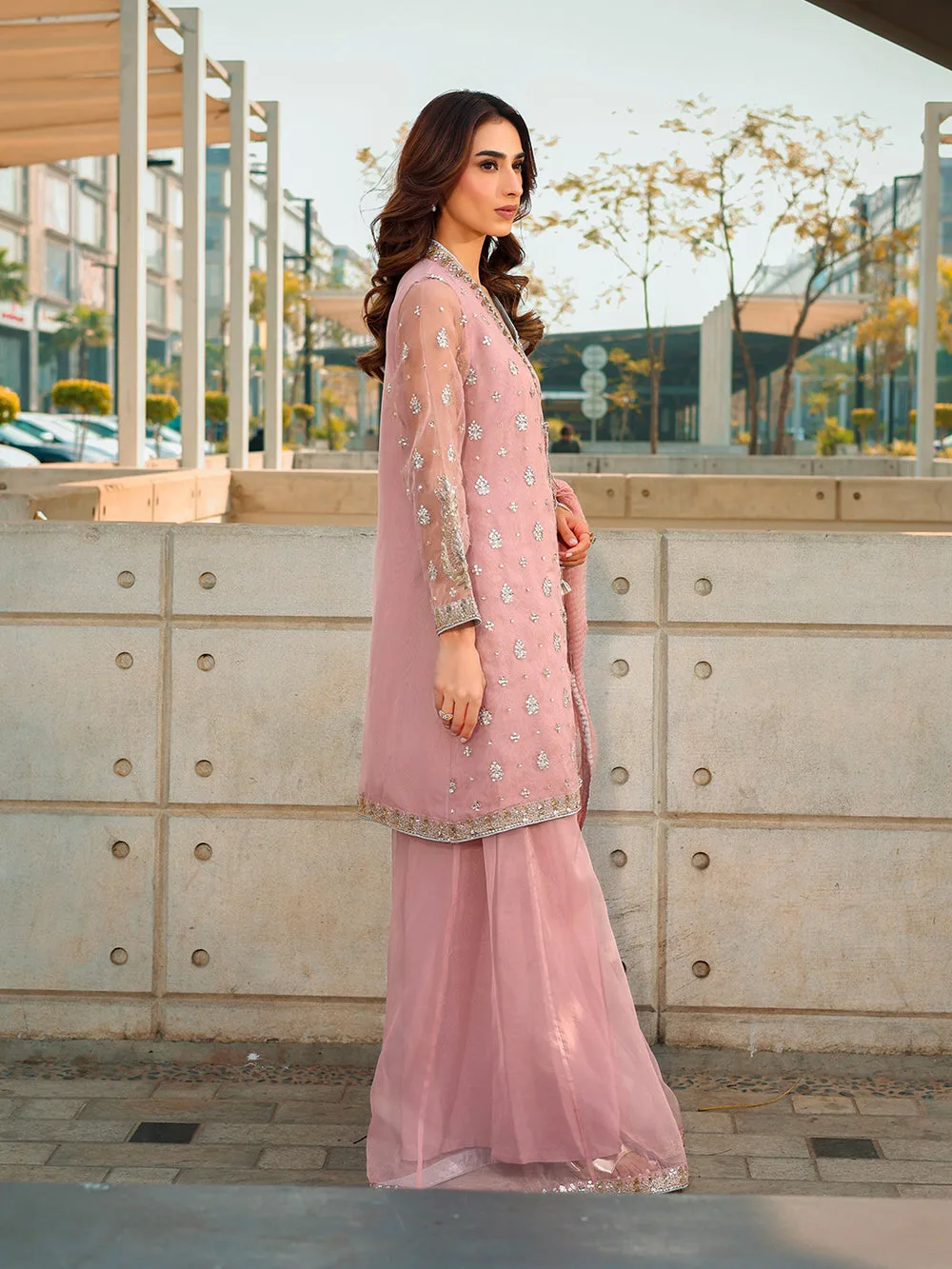 Pink organza formal set with embroidered shirt, dupatta and shararah – view 8 – Poshaq