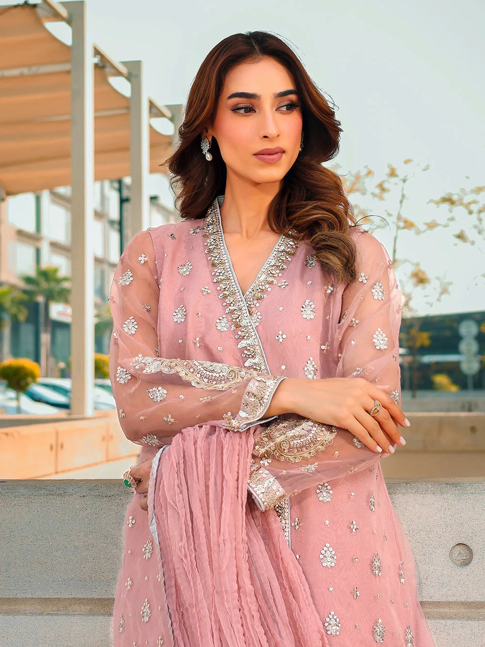Pink organza formal set with embroidered shirt, dupatta and shararah – view 9 – Poshaq