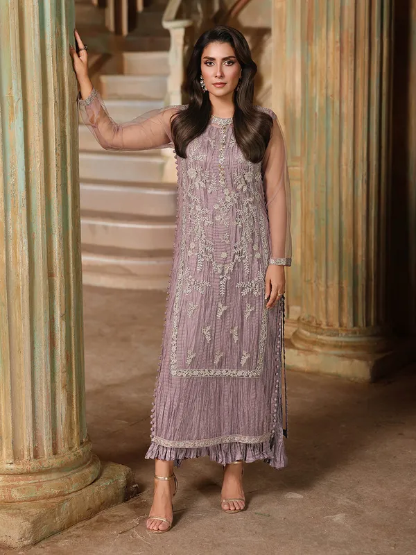 Soft lilac formal shirt with net overlay and matching trousers – view 1 – Poshaq
