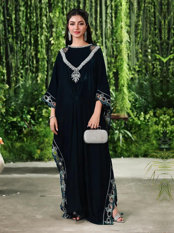 Deep teal green velvet kaftan with flowing silhouette – view 1 – Poshaq