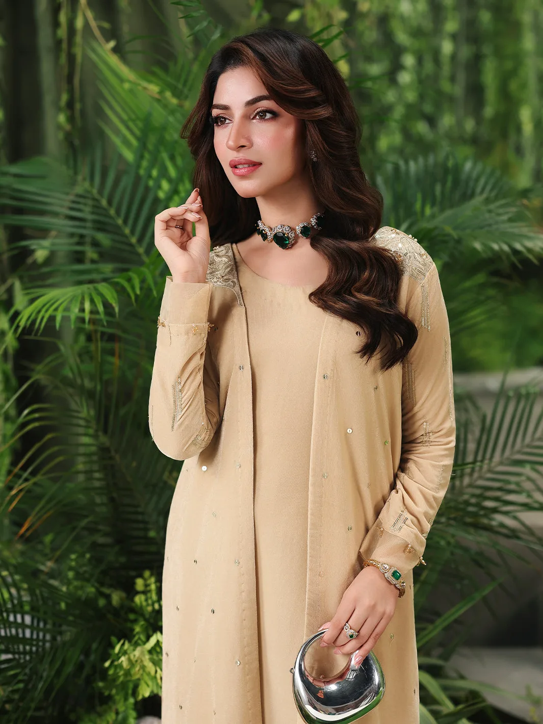 Pale yellow velvet gown with subtle sheen – view 3 – Poshaq