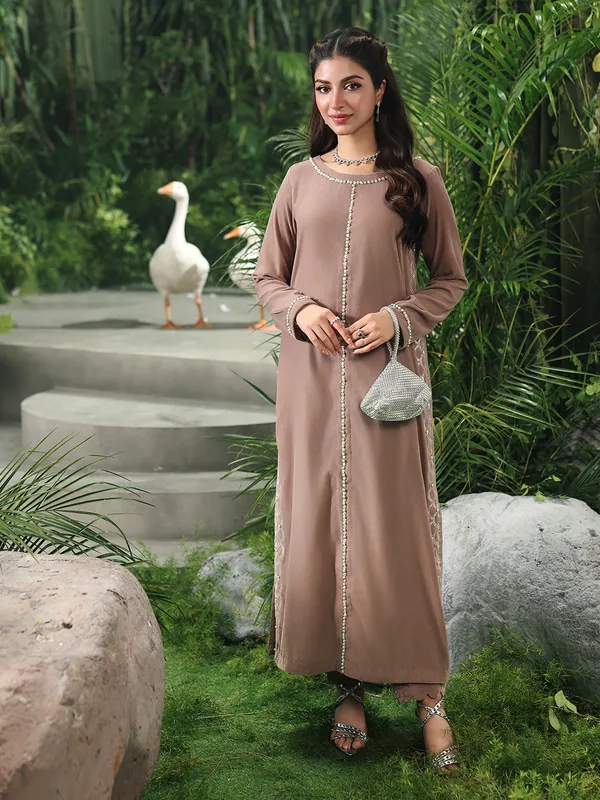 Taupe velvet long shirt with pearl embellishments – view 1 – Poshaq