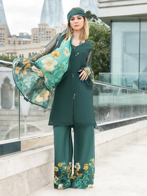 Teal green three‑piece set with organza shirt, chiffon dupatta and silk trouser – view 1 – Poshaq