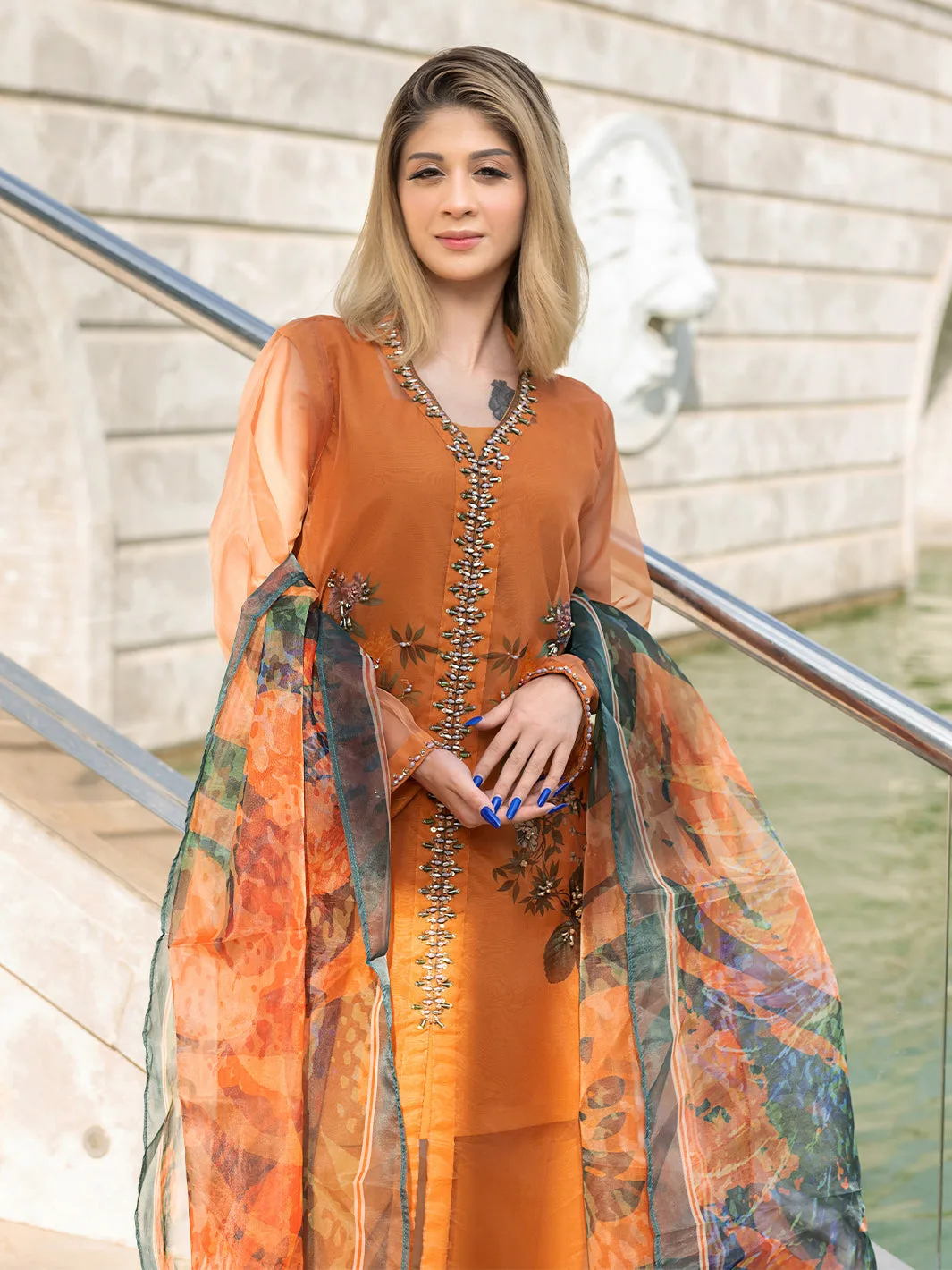 Orange organza and silk ensemble with printed shirt and dupatta – view 3 – Poshaq