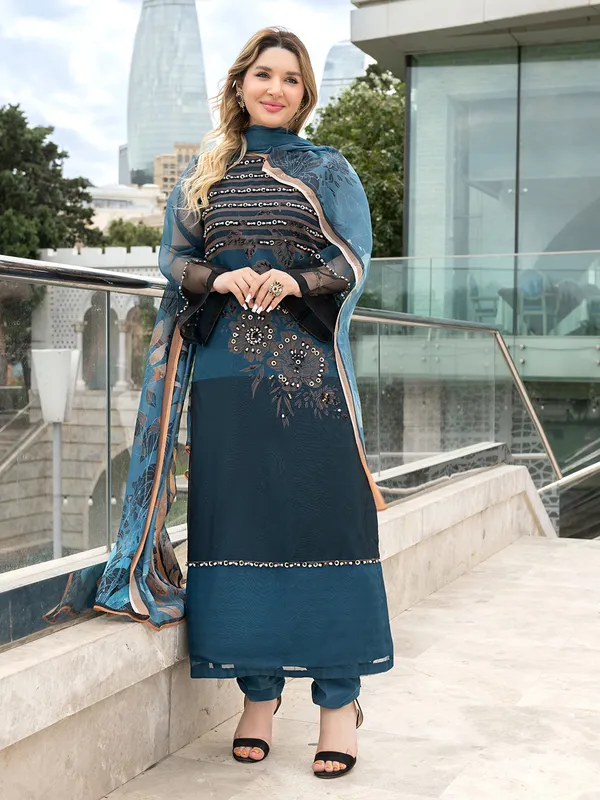 Teal organza shirt with stone detailing, chiffon dupatta and grip silk trousers – view 1 – Poshaq