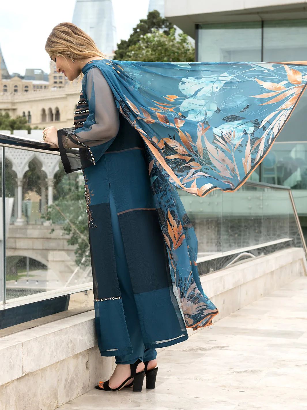 Teal organza shirt with stone detailing, chiffon dupatta and grip silk trousers – view 2 – Poshaq
