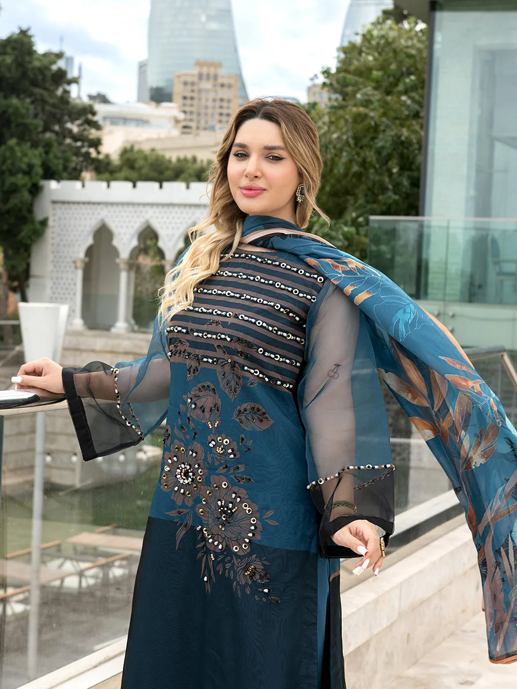 Teal organza shirt with stone detailing, chiffon dupatta and grip silk trousers – view 4 – Poshaq