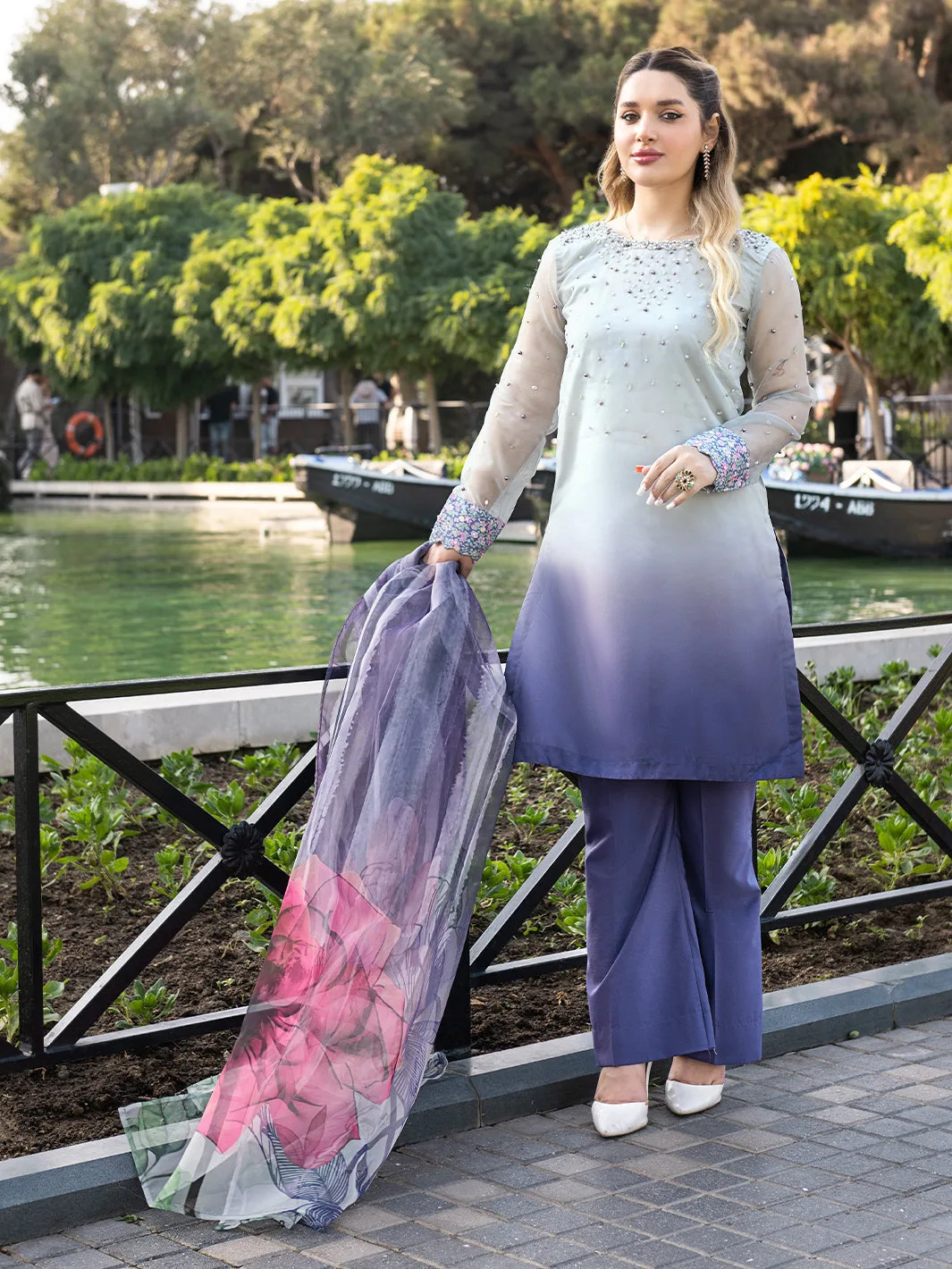 Organza silk ensemble with pearl embellishments – view 1 – Poshaq