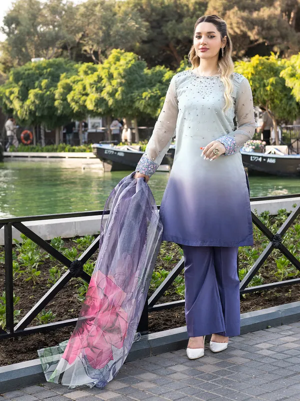Organza silk ensemble with pearl embellishments – view 1 – Poshaq