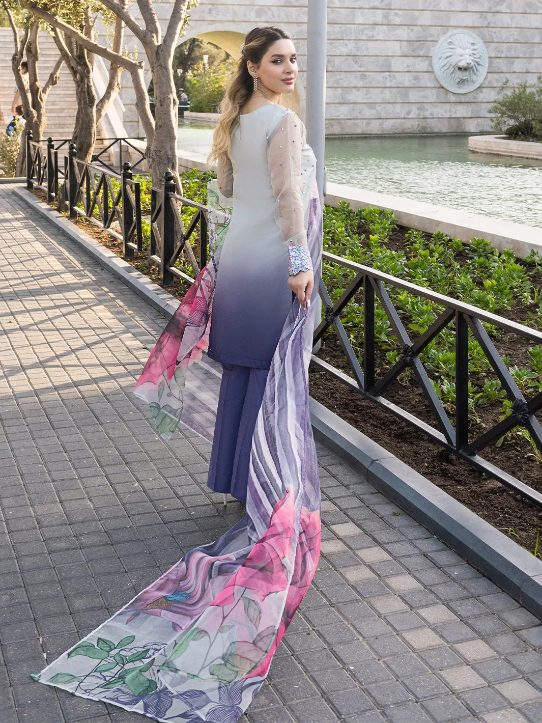 Organza silk ensemble with pearl embellishments – view 2 – Poshaq