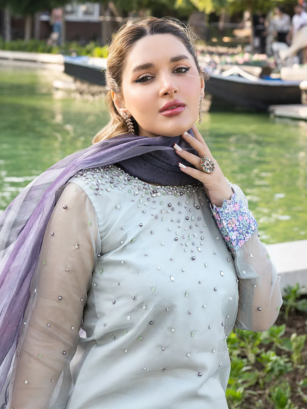 Organza silk ensemble with pearl embellishments – view 3 – Poshaq