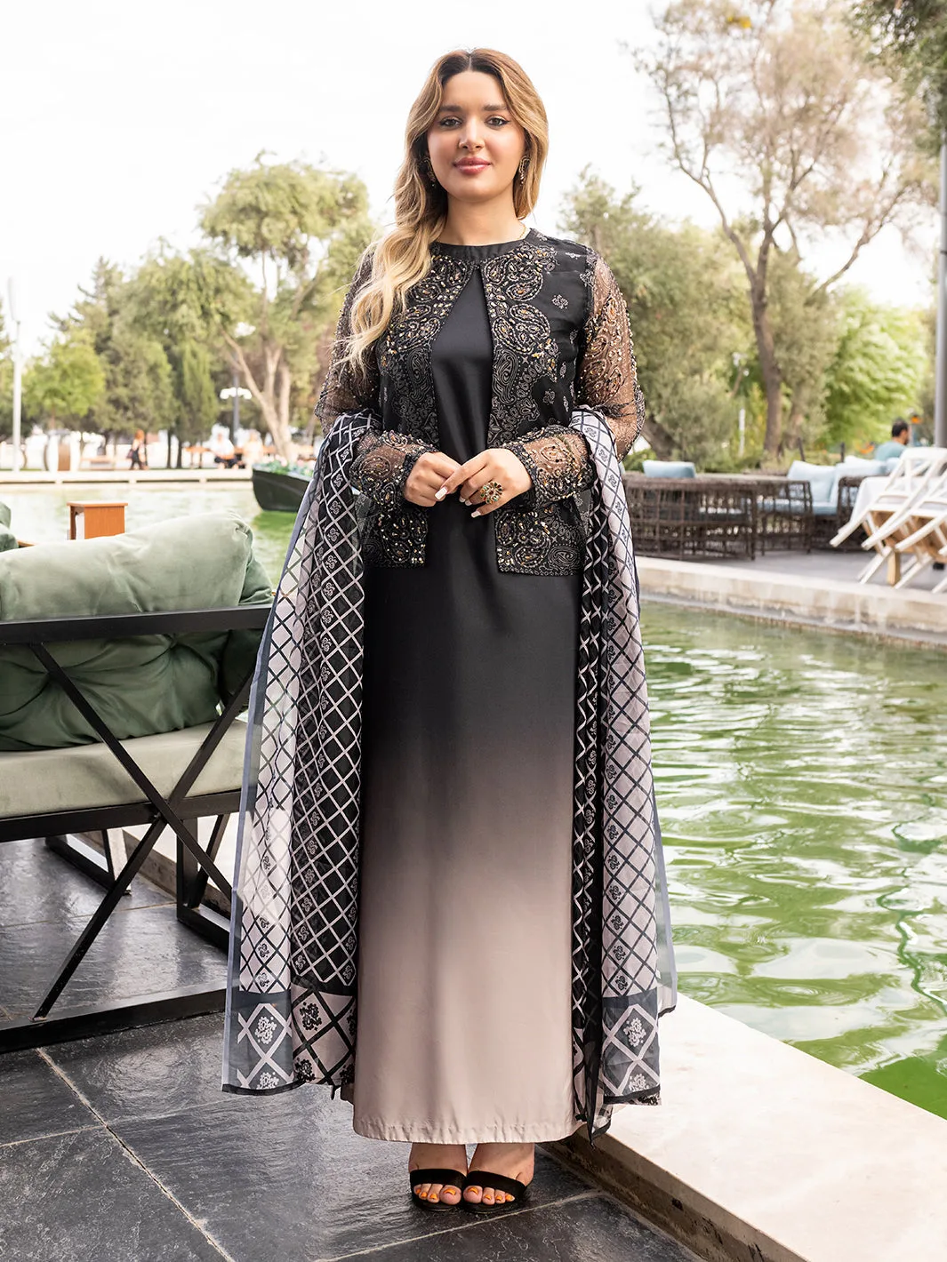 Black organza jacket with adda work and dual‑tone grip silk chiffon dupatta – view 1 – Poshaq