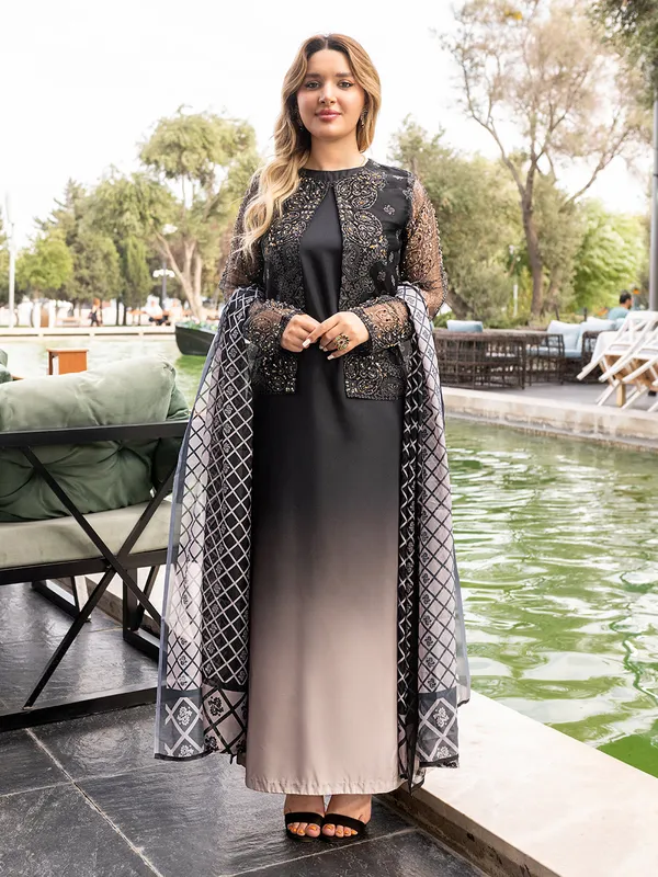 Black organza jacket with adda work and dual‑tone grip silk chiffon dupatta – view 1 – Poshaq