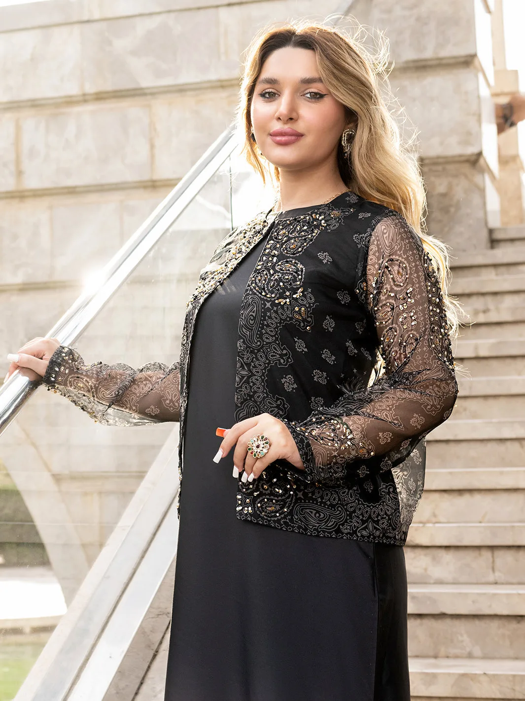 Black organza jacket with adda work and dual‑tone grip silk chiffon dupatta – view 5 – Poshaq