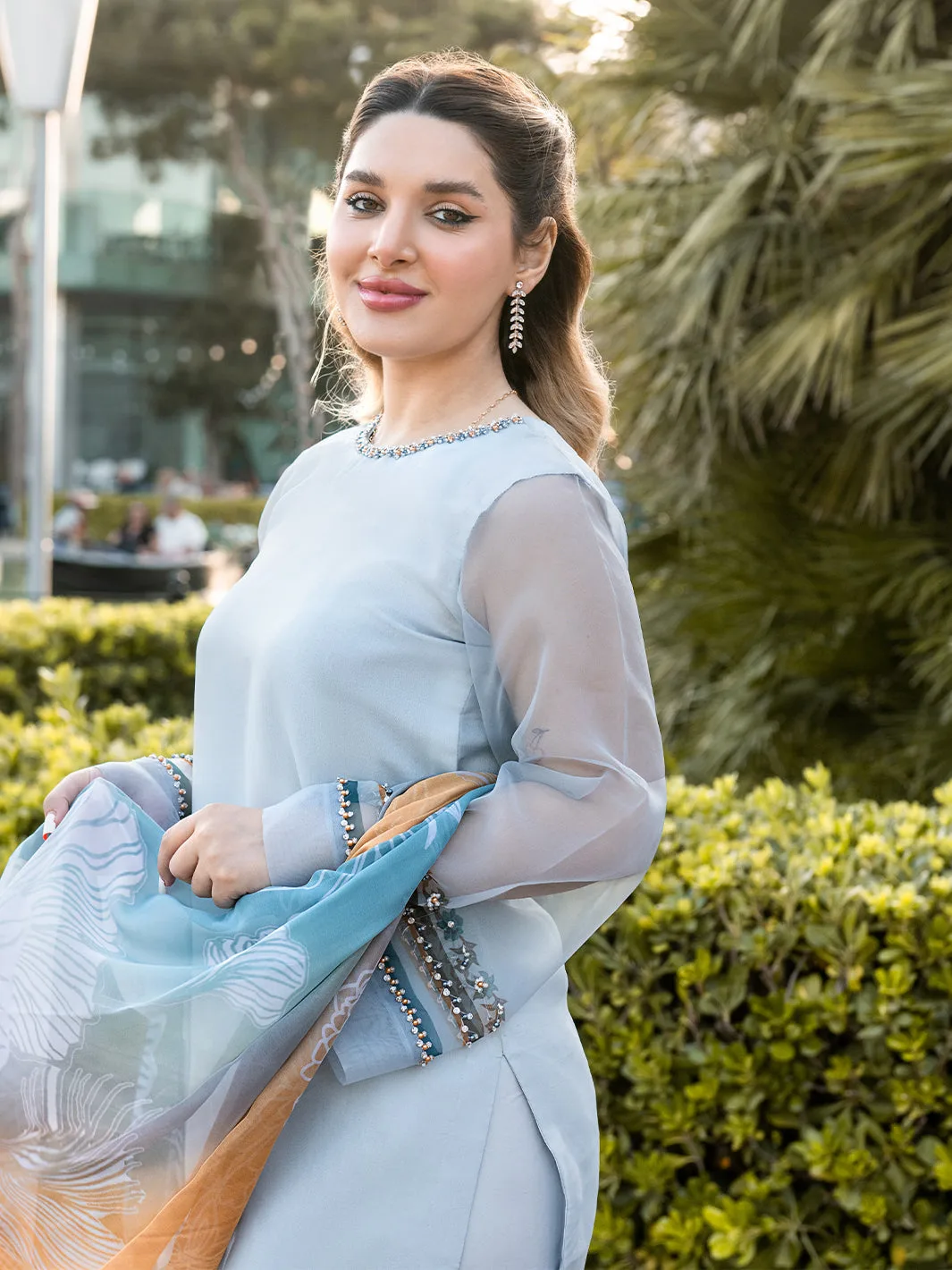 Ice blue chiffon suit featuring organza shirt, chiffon dupatta and silk grip trousers – view 5 – Poshaq