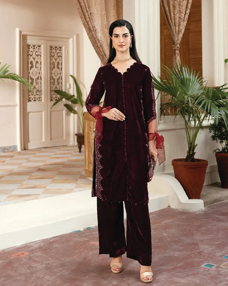Maroon velvet shirt with net sleeves and pearl detailing – view 1 – Poshaq
