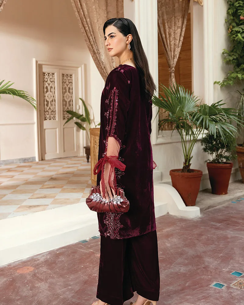 Maroon velvet shirt with net sleeves and pearl detailing – view 2 – Poshaq