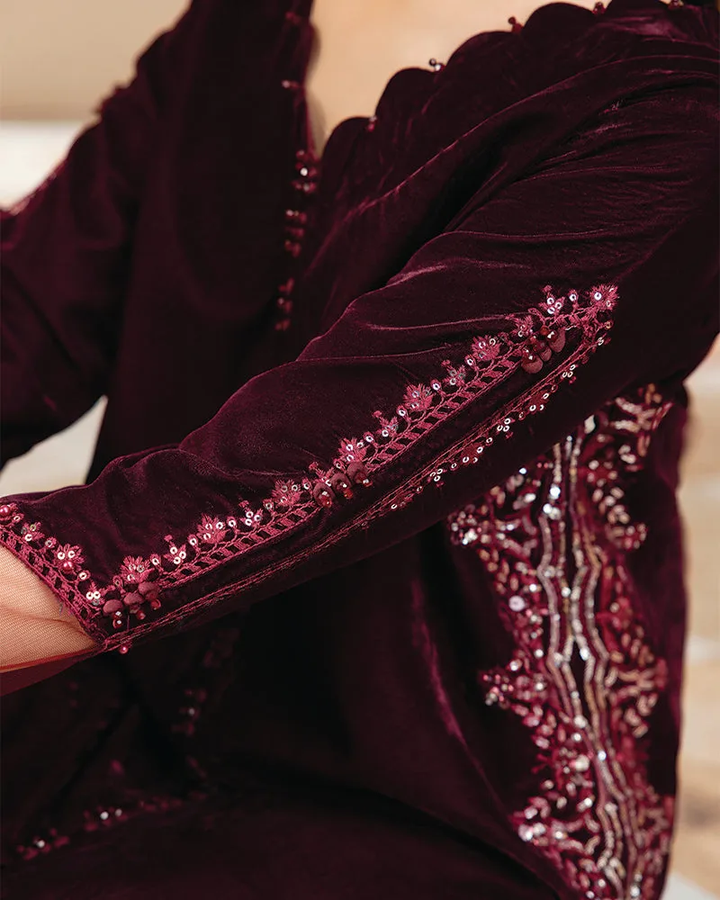 Maroon velvet shirt with net sleeves and pearl detailing – view 3 – Poshaq