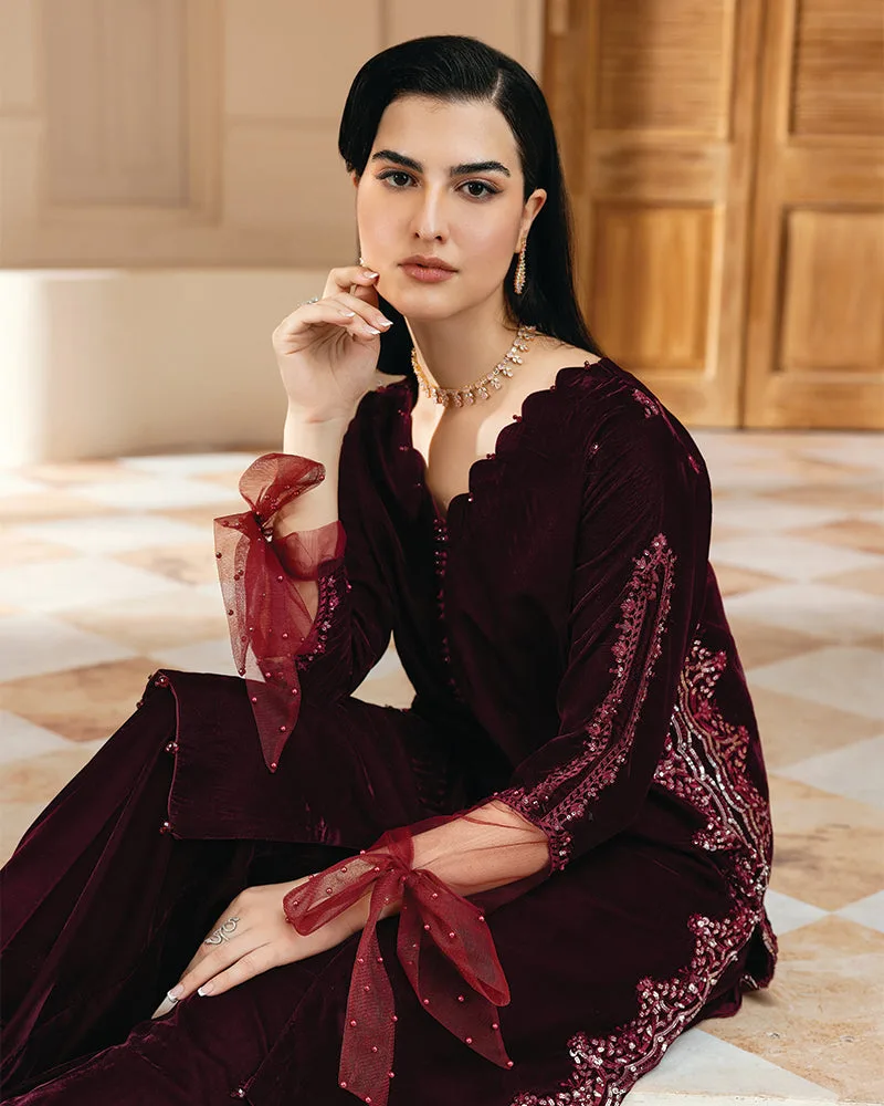 Maroon velvet shirt with net sleeves and pearl detailing – view 4 – Poshaq