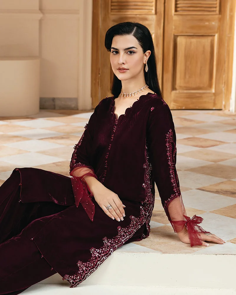 Maroon velvet shirt with net sleeves and pearl detailing – view 5 – Poshaq