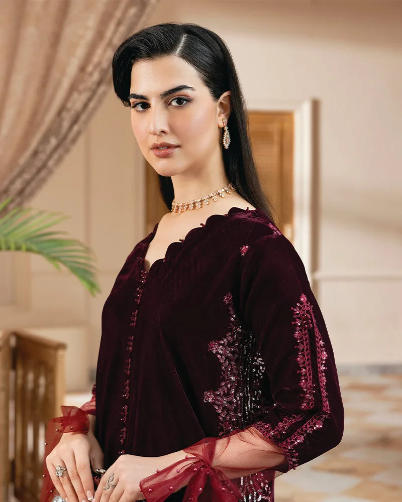 Maroon velvet shirt with net sleeves and pearl detailing – view 6 – Poshaq