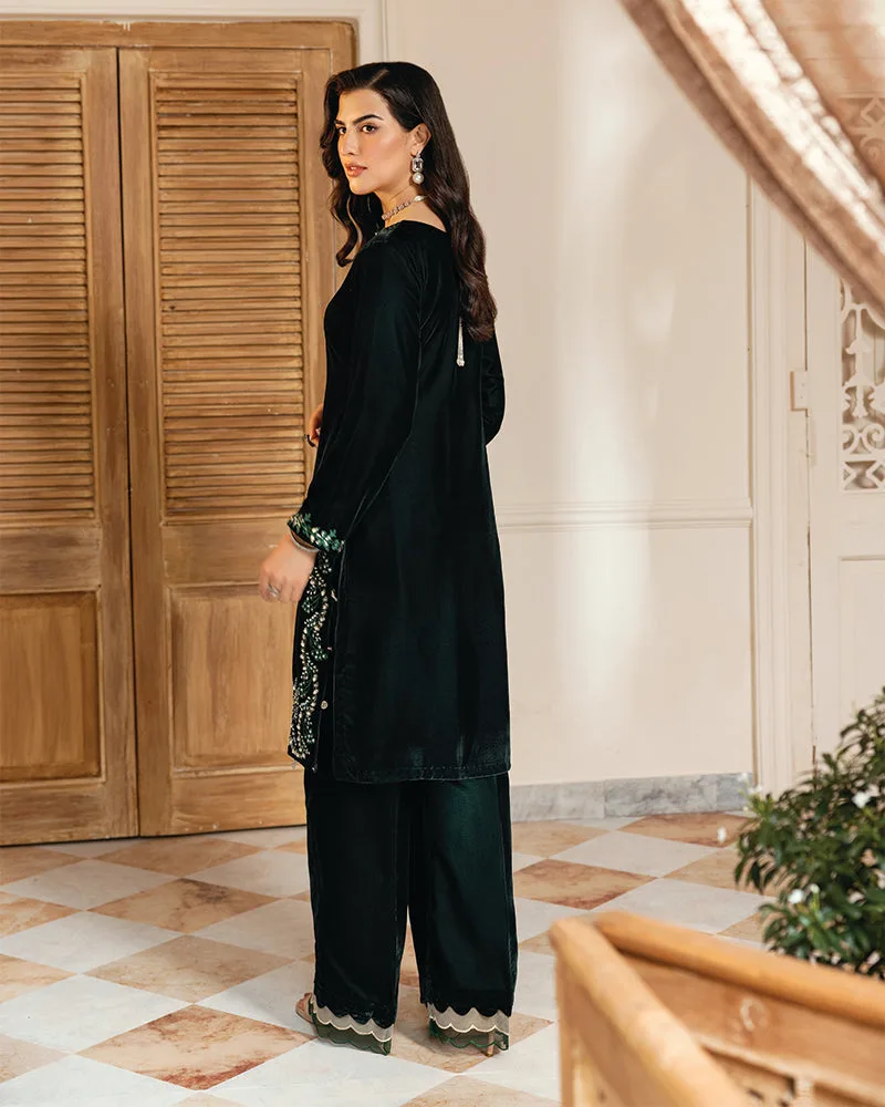 Bottle green velvet shirt with subtle embroidery – view 2 – Poshaq