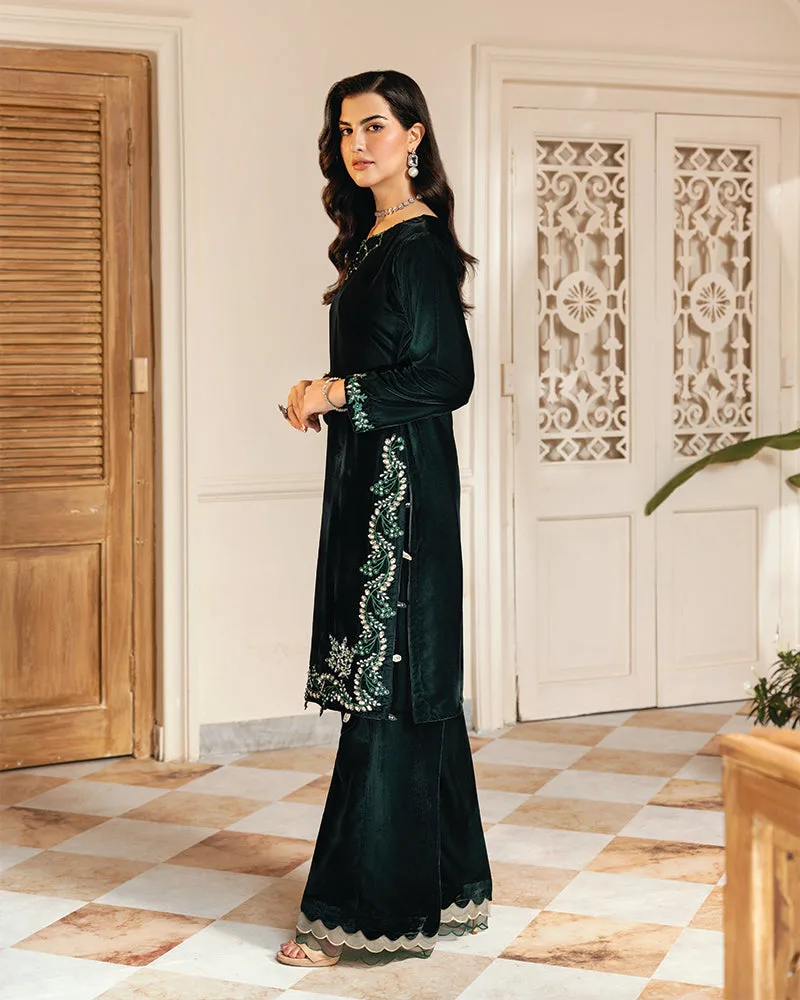 Bottle green velvet shirt with subtle embroidery – view 3 – Poshaq
