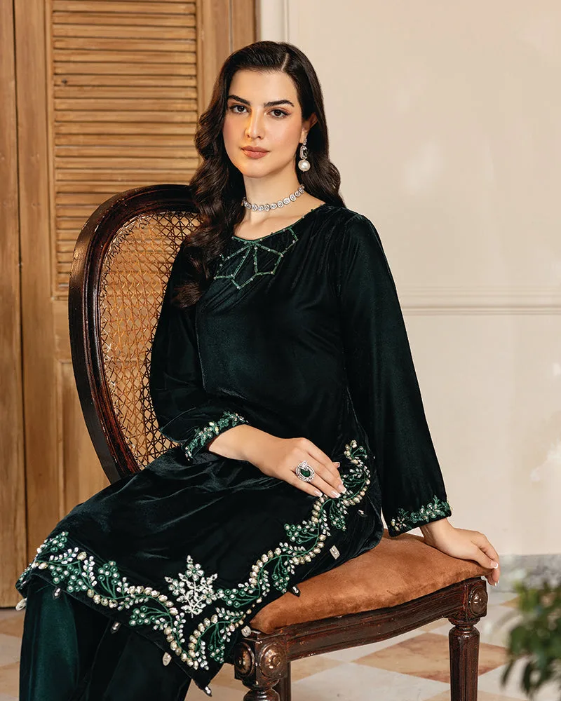 Bottle green velvet shirt with subtle embroidery – view 6 – Poshaq