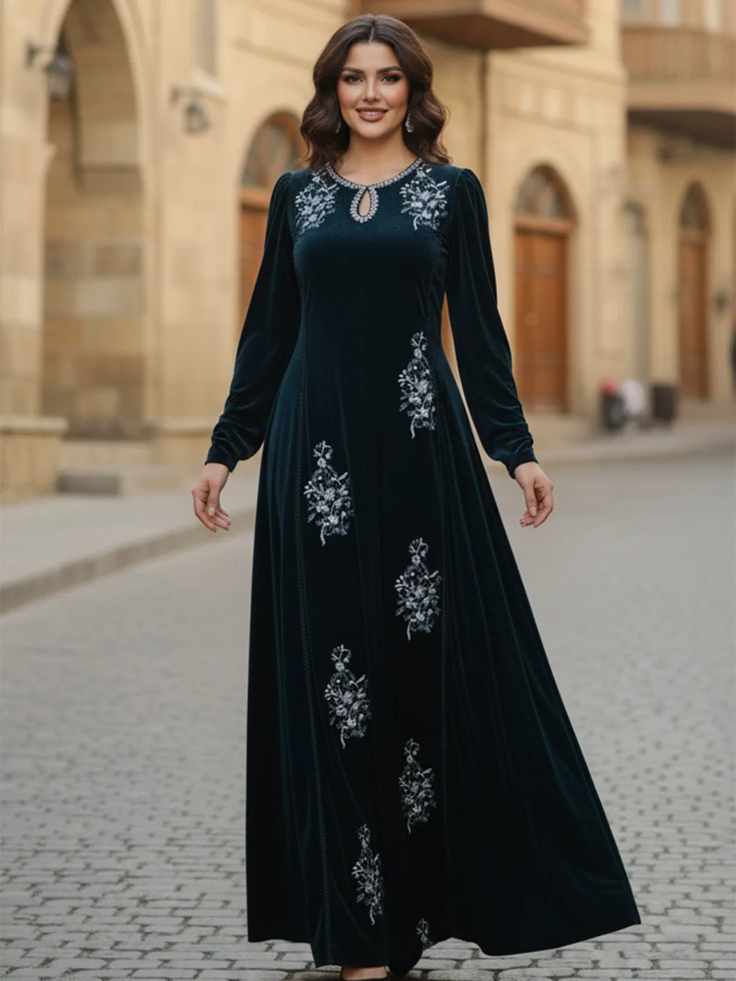 Zinc velvet long shirt with subtle sequin detailing – view 1 – Poshaq