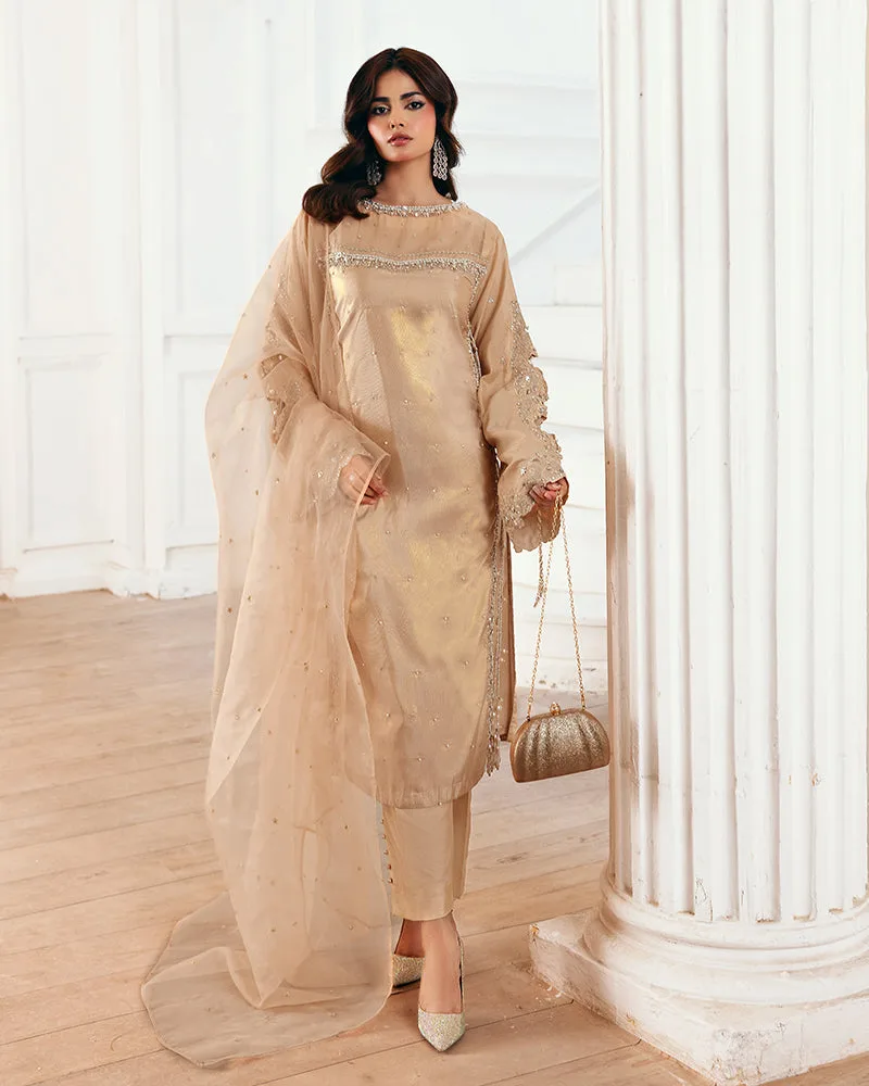 Gold formal three‑piece set with organza dupatta, masoori shirt and viscose trousers – view 1 – Poshaq