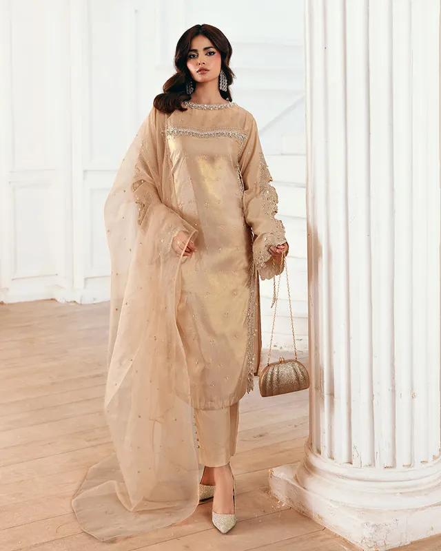 Gold formal three‑piece set with organza dupatta, masoori shirt and viscose trousers – view 1 – Poshaq