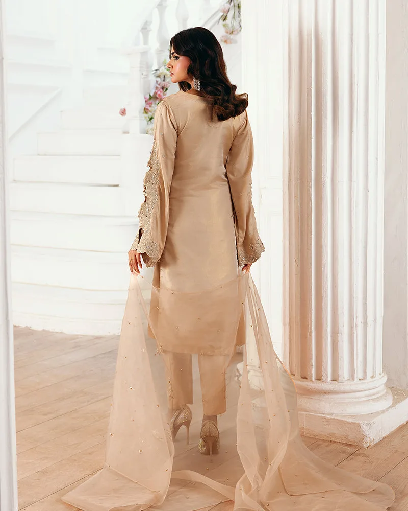 Gold formal three‑piece set with organza dupatta, masoori shirt and viscose trousers – view 2 – Poshaq