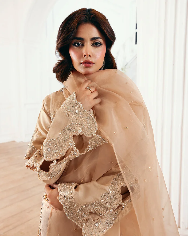 Gold formal three‑piece set with organza dupatta, masoori shirt and viscose trousers – view 3 – Poshaq
