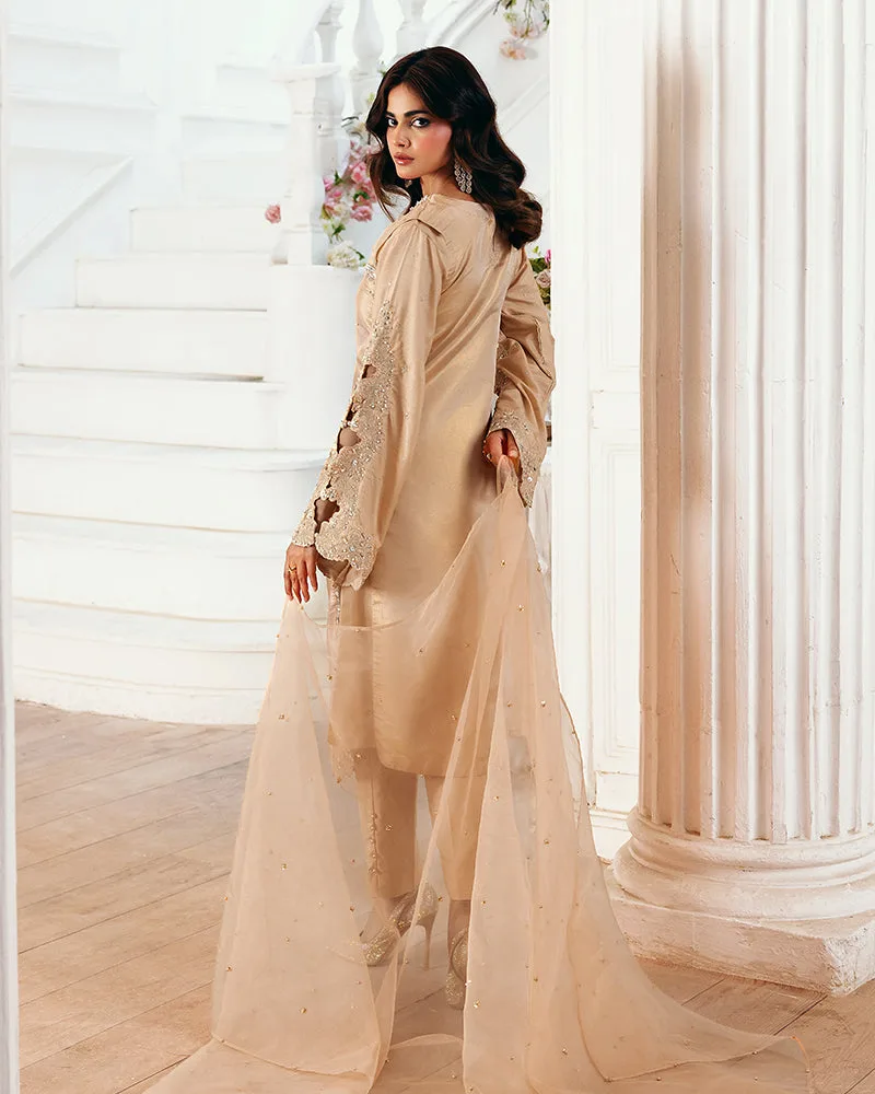 Gold formal three‑piece set with organza dupatta, masoori shirt and viscose trousers – view 4 – Poshaq