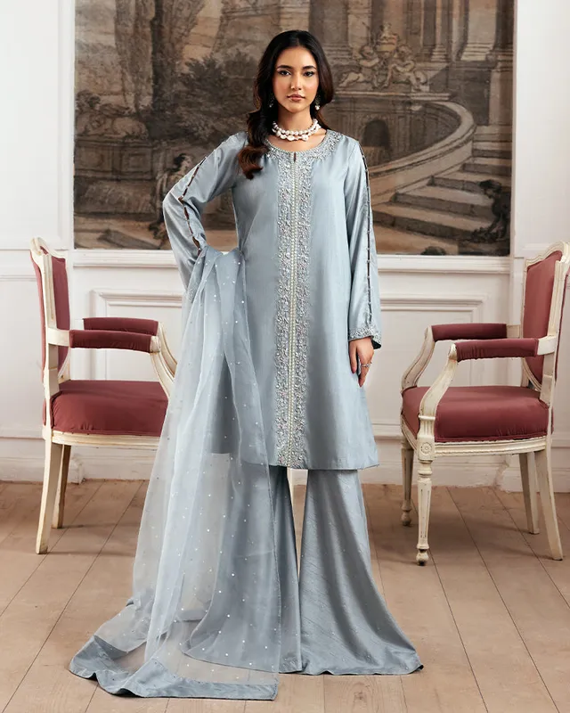 pale aqua silk dress with organza dupatta and sequins – view 1 – Poshaq