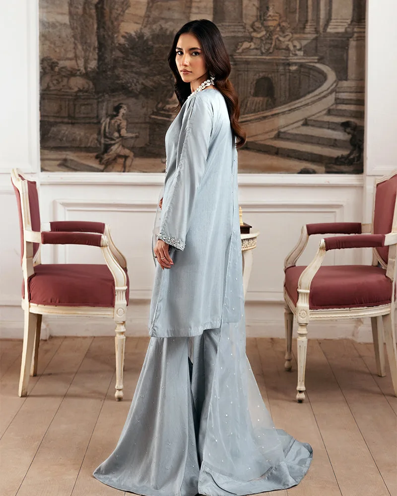 pale aqua silk dress with organza dupatta and sequins – view 2 – Poshaq