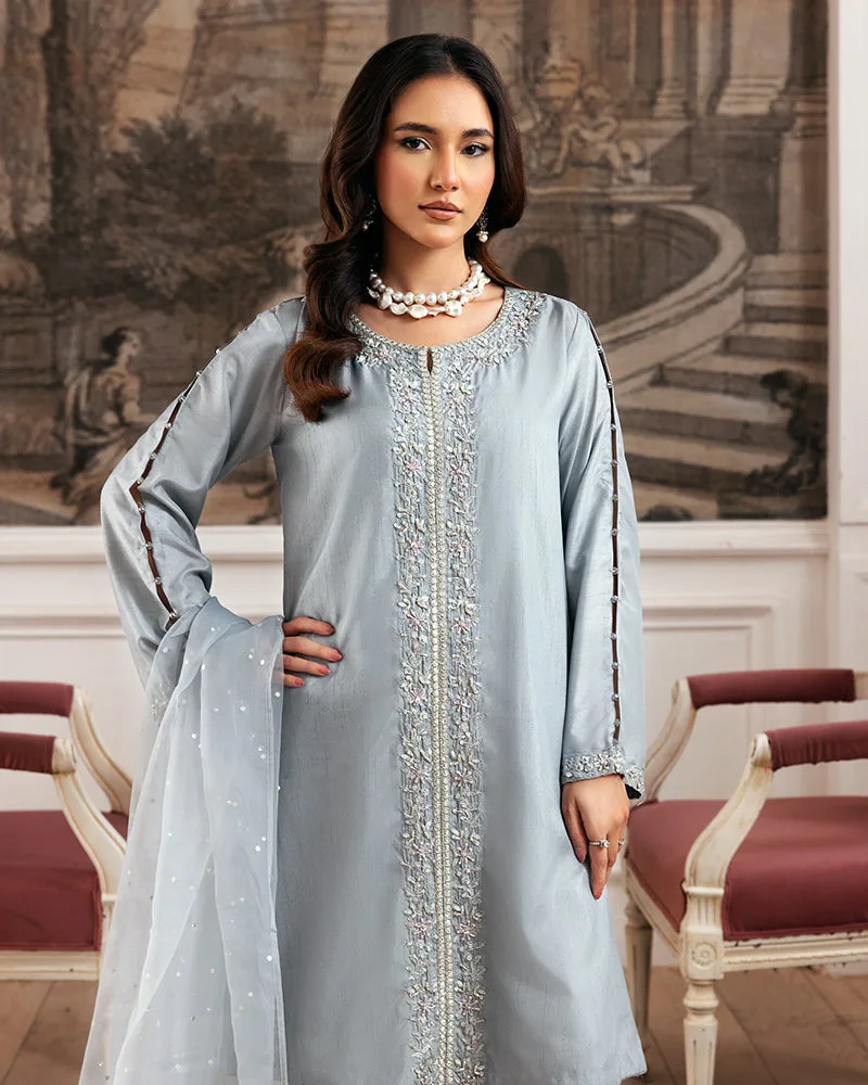 pale aqua silk dress with organza dupatta and sequins – view 3 – Poshaq