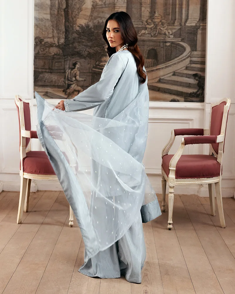 pale aqua silk dress with organza dupatta and sequins – view 4 – Poshaq