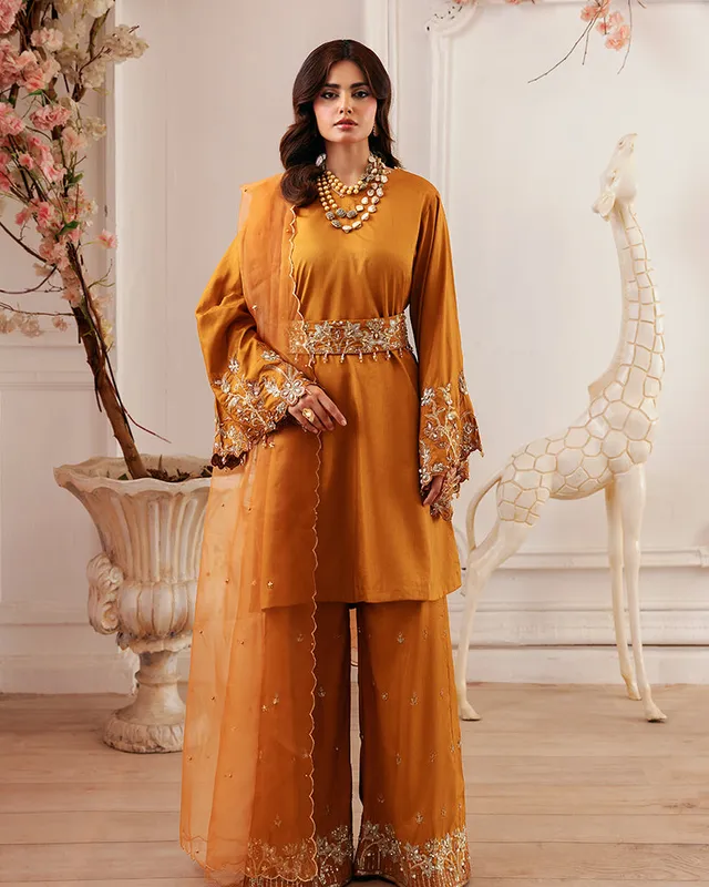 Pinkish orange three‑piece silk suit with organza dupatta and sequin detailing – view 1 – Poshaq